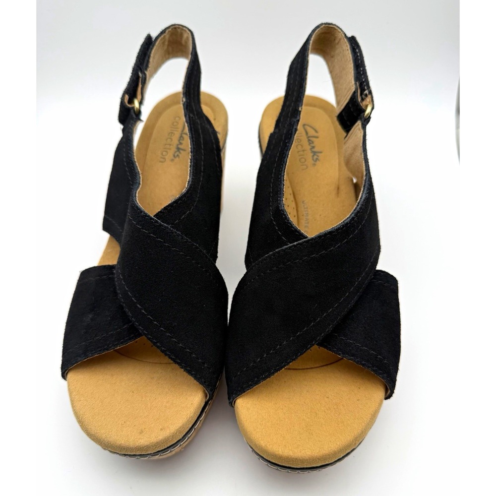 Clarks Collection Women's Black Suede Slingback Wedge Sandal Buckle US 7.5 EUC